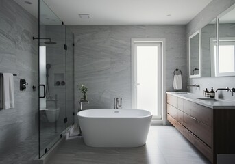 Modern bathroom showcases sleek design soft light enhances calming ambiance. AI Generated