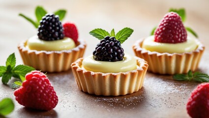 Tartlets filled with custard and topped with fresh mint, featuring raspberry, blackberry, and strawberry.