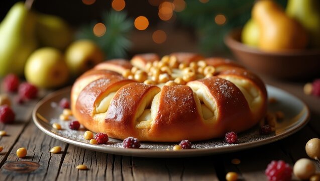 Festive Swiss Pear Bread - Birnbrot or Birnweggen (Panelle Pere) is a regional specialty filled with dried pears and nuts. Focused view of the pie on a rustic wooden surface. Holiday tea gathering.
