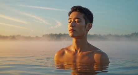 Man standing in golden water with glowing light at dawn in a tranquil atmosphere