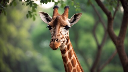 Fototapeta premium Giraffe close-up against a backdrop of leafy trees