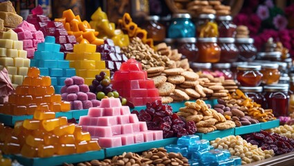 Assortment of Turkish delight (lokum) and traditional sweets showcased on a store shelf. Variety of oriental pastries, nuts, and fruity pastilles at a marketplace.