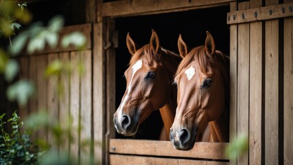 Pair of horses gazing out from their stable.