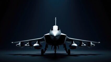 Fototapeta premium Eurofighter combat jet fully equipped in a dark backdrop, front perspective rendering.