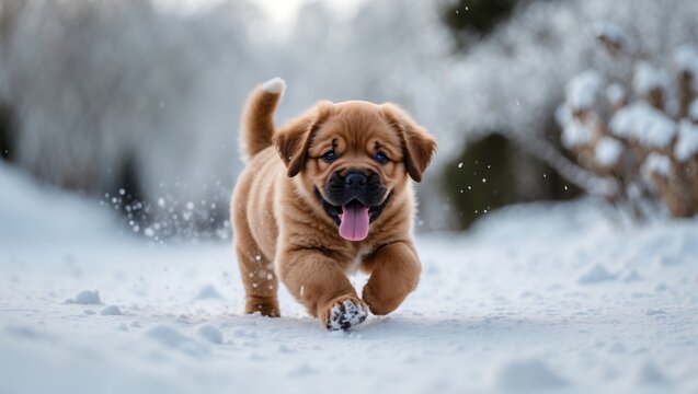 Playful Puppy Enjoying Winter. Adorable Tibetan mastiff puppy dashes through the snow.