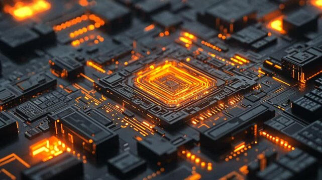 A detailed macro view of glowing digital technology and circuit board design.