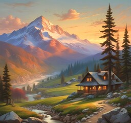 Wild landscape with stunning view and woden cottage.