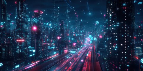 Fototapeta premium Stunning futuristic cityscape illuminated by neon lights at night with glowing signs and busy roads