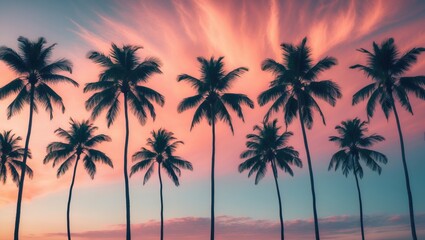 Fototapeta premium Panoramic view of a tropical evening featuring a line of palm trees outlined against a vibrant sunset backdrop.
