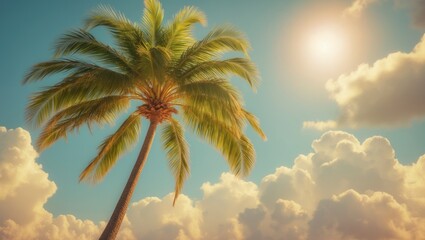 Obraz premium Stunning coconut palm tree basking in a bright backdrop. Tropical beach vacation vibe or an idea of environmental conservation with a vintage feel.