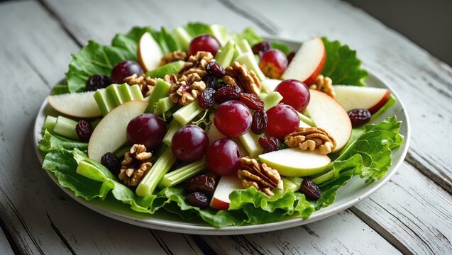Waldorf salad featuring red grapes, celery, fresh green apple slices, walnuts, and raisins atop crisp lettuce leaves, served on a white plate against a wooden table backdrop, vertical angle.