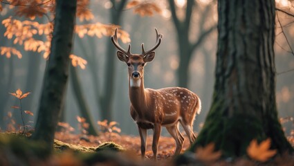 Obraz premium Spotted deer amid forest trees