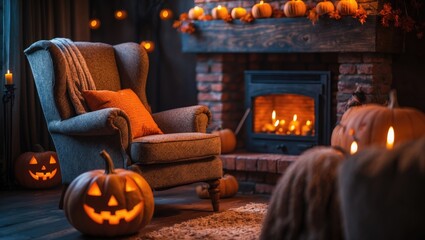 Obraz premium A cozy Halloween-themed setting boasts a fireplace and an armchair, beautifully decorated for the holiday.