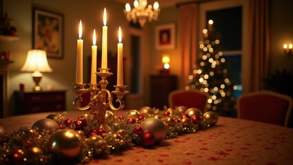 Golden candlestick on a festive dining table for New Year's celebration.