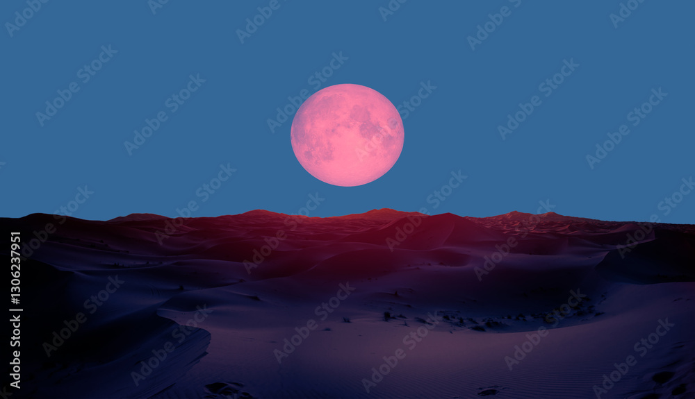 Poster night sky with full moon in the clouds on the foreground hot sahara desert (sand dune) 