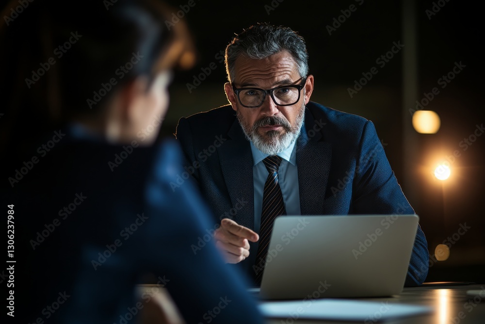 Poster A professional points at a laptop screen while collaborating at a desk in a sleek office. The setting emphasizes teamwork and modernity in the workspace