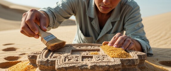 an archaeologist carefully brushing dust from an ancient carved artifact in the sand uncovering a historical discovery with great precision.