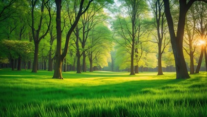 Fototapeta premium VIBRANT SPRING FOREST SCENE WITH LUSH GREEN GRASS, TREES, AND SUNLIGHT SHOWCASING NATURE'S SPLENDOR