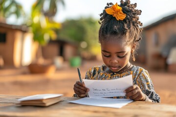 A young girl reading a thank-you letter she wrote for donors who sponsored her education through a charity program