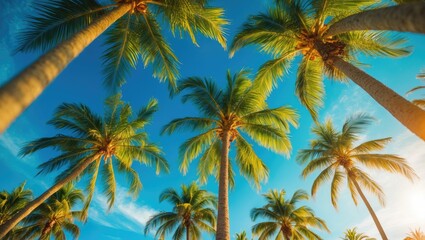 Fototapeta premium Perspectives of palm trees against a sunny sky viewed from below