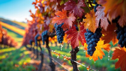 Vines adorned with grapes and vibrant autumn foliage in Northern Napa Valley