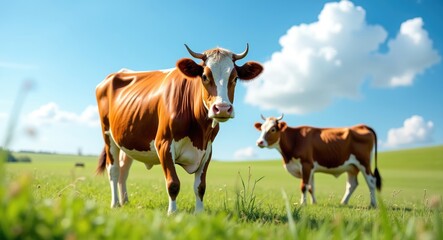 Pair of cows grazing on lush grass beneath a clear blue sky