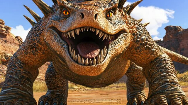 Massive lizard-like creature roams rocky desert landscape under bright sun with fierce expression