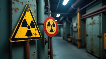 Caution radiation symbol, biohazard emblem, and alert sign.