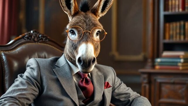 A humorous photo of a donkey in a suit and glasses sitting in a leather chair. The image is full of humor and absurdity.