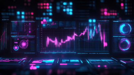 Obraz premium A glowing neon stock market graph with blue and purple lights on a dark background