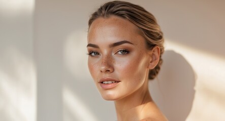 Beautiful bride with freckles showing off her tan and makeup.