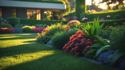 Obraz premium Vibrant landscaping and flowers adorning lush green lawns in the front yard of a modern home, which features professional garden maintenance.