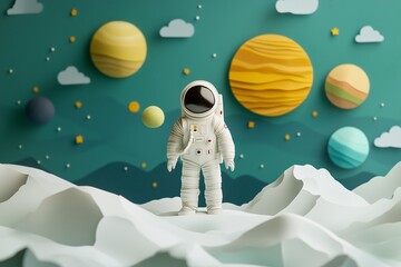 Obraz premium Colorful paper art style space scene with astronaut and planets