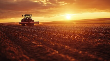 Fototapeta premium A Tractor Cultivates Farmland Under A Golden And Hazy Sunset