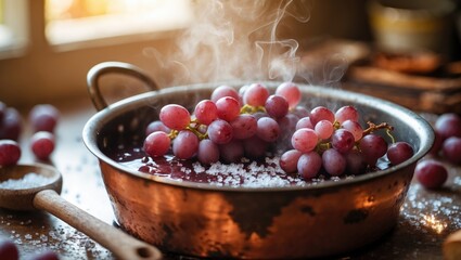 Grapes simmering in a saucepan with sugar, as part of the homemade jam preparation process.