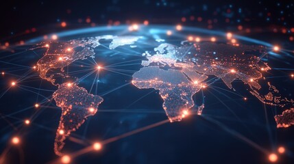 Obraz premium A logistics network map with illuminated routes connecting major cities, emphasizing the global flow of goods and services