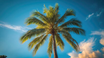 Coconut palm framed by the sky in the background