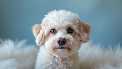 Fototapeta premium Adorable portrait of a bichon frise mix against a blue backdrop