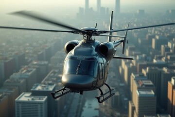 A Helicopter Flying Over a City With Tall Buildings in the Background - Generative AI