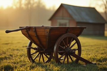 A Wooden Wheelbarrow Sitting in a Field With a Barn in the Background - Generative AI