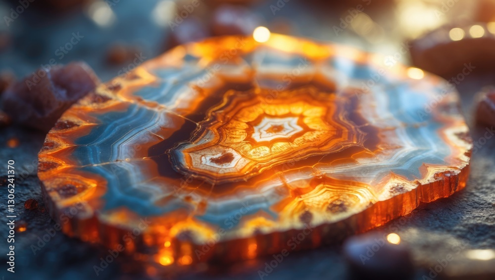 Aufkleber translucent agate crystal surface cross-section highlighting an orange abstract mineral structure, d