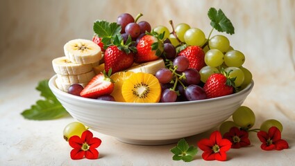 Colorful fruit salad with bananas, strawberries, grapes, and edible flowers. Area available for text.