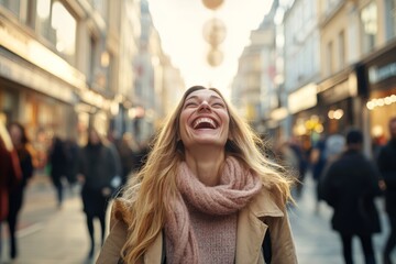 Obraz premium A woman stands on a bustling city street, laughing with her head tilted back, embracing the joy of the moment amid the blur of busy passersby