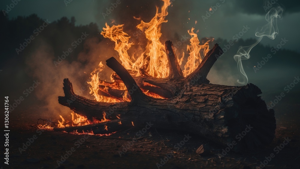 Aufkleber Intimate shot of a bonfire with towering flames engulfing a log