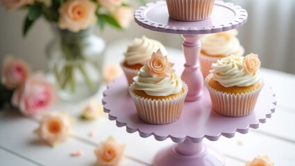 Cupcakes with soft icing on a lilac tiered stand, adorned with blossoms on a light-colored table. shallow depth of field.