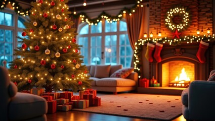 Living room adorned for the Christmas season. Festive home decor