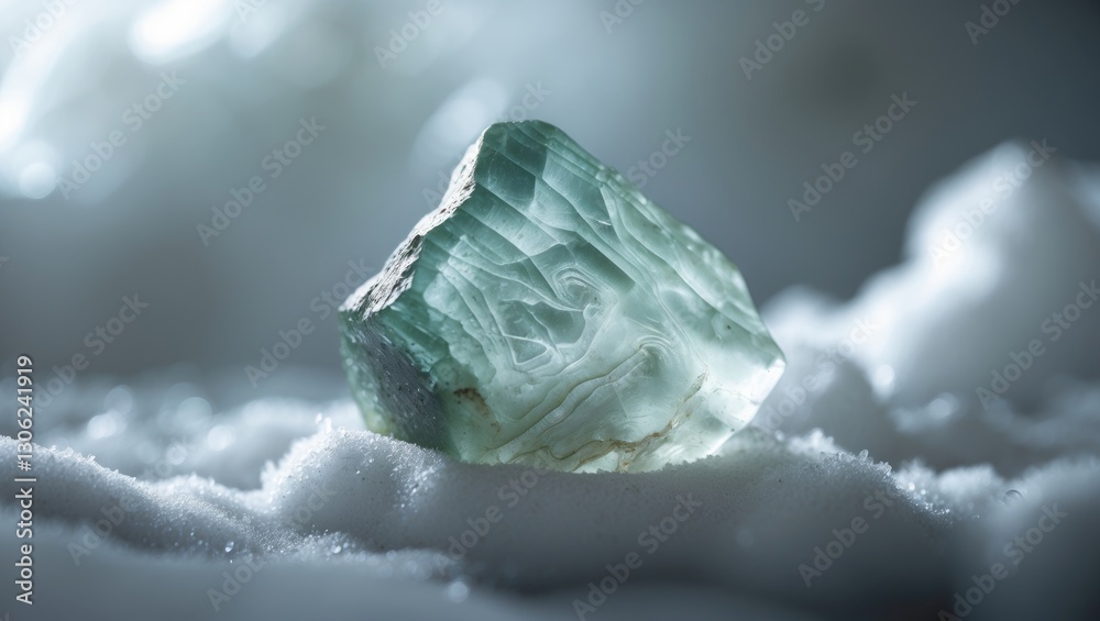 Poster detailed view of a raw, translucent natural chalcedony stone set against a white backdrop, showcasin