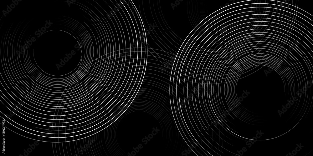 Aufkleber Abstract grey geometric lines on dark background. Swirl circular lines pattern. Geometric spiral. Template Space for Text. Abstract Minimalist Wallpaper with Copy Space on Black Background, vector.