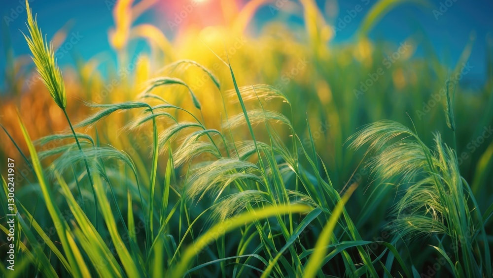 Aufkleber detailed view of lush green summer grass and weeds illuminated by sunlight, set against a backdrop o