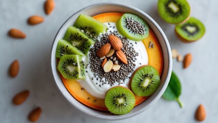 Papaya yogurt dish topped with kiwi, chia seeds, and almonds, viewed from above. Nutritious plant-based meal.